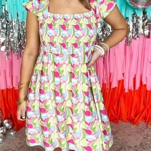 Smocked Square-Neck  Casual Dress in Pink & Green